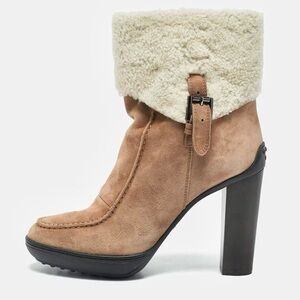 NEW Tod's Brown and Cream Shearling and Suede Ankle Length Boots, US Size 6.5